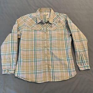 Cabelas Shirt Womens XL Beige Green Plaid Western Embroidered Floral Cotton